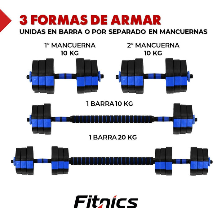 Mancuernas Ajustables Set de 20 Kg Total Fitnics 2en1 +Barra - contenido y accesorios