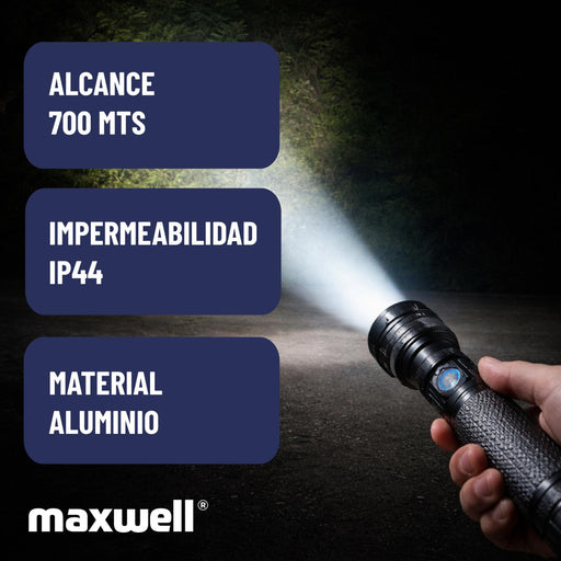 Linterna Led Tactica Maxwell Recargable Zoom Alcance +700m - detalle del producto