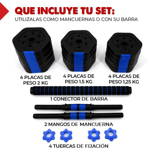 Mancuernas Ajustables Set de 20 Kg Total Fitnics 2en1 +Barra - detalle del producto